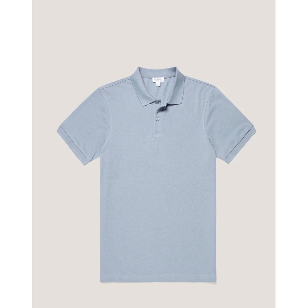 Sunspel Riviera Polo Shirt Light Blue Cotton Mesh Short Sleeve Mens Large
